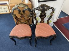 Pair of Victorian Marquetry inlaid chairs with overstuffed seats and Cabriole legs