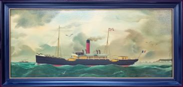 Max Frankin, oil on canvas of steamship 'Baden', signed right, framed, overall size 53cm x 109cm.