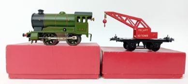 A collection of O-Gauge, to include one engine locomotive no.501, crane and coal trailers,