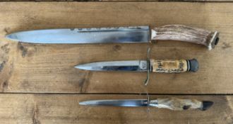 Three knives, to include a replica of a Scottish dirk, blade length 30cm, a Solingen knife, blade
