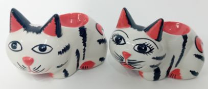 Lorna Bailey (1978-), set of two cat eggcups, to include 'Her' and 'Him' 42/100, 2002. (2)