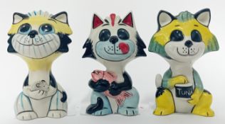 Lorna Bailey (1978-), collection of three cats, 'Tuna Cat', 'A Good Catch', and 'Cat and Mouse/