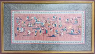 A pair of embroidered silk panels, each depicting numerous children at play in a landscape, within