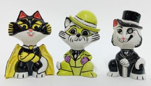 Lorna Bailey (1978-), set of three cats, 'Batwoman/Catwoman', 'The Riddler', and 'The Penguin'. (3)