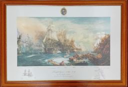 A modern print of W. L. Wyllie A.R.A, 'Trafalgar 2:30 P.M.', the ships labelled underneath, framed