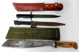 Two bayonet knives, one with scabbard, together with two military issued machetes circa 1980s,