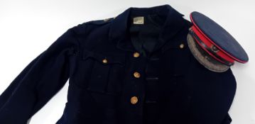 A World War One WWI Royal Marine Brigadiers Cap and Blouse, of black wool, the cap with red piping