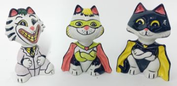 Lorna Bailey (1978-), set of three cats, 'Batman cat', 'Robin cat', and 'The Joker'. (3)