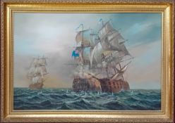 A modern oil on canvas of a 19th century Naval scene, signed lower right F. - indistinct, in a