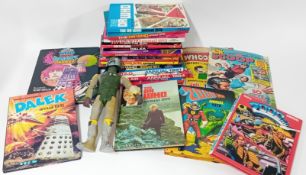 A collection of Dr Who, Dalek, and space annuals circa 1970s and 80s, together with some magazines