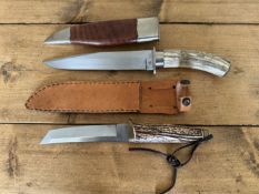 A drop point Bowie knife, blade length 20.5cm, together with a modern Tanto knife, blade length 14.