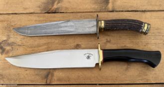 Two Bowie Knives, one a modern Hemphill, blade length 23.5cm, weight approx 388g, the other 23cm