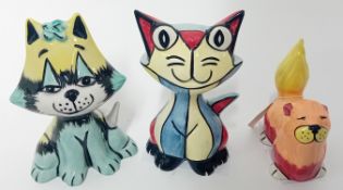 Lorna Bailey (1978-), collection of three cats, 'Art Deco Big Eyed Cat', 'Aqua Blue and Yellow Cat',