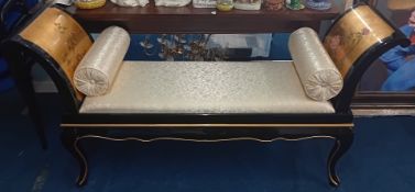 A chinoiserie style upholstered bench or chaise, of lacquered and gold leaf design, height 81cm,