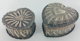Two Victorian silver heart boxes, hallmarked London 1888/1889, overall weight approx 3.91oz. (2)