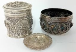 A Thailand silver caddy, bowl, and small dish, with embossed courtly decoration, total weight approx