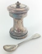 An Irish Victorian silver peppermill, hallmarked Dublin 1886, together with a spoon hallmarked