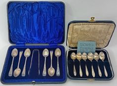 Two cased sets of spoons, one with sugar tongs, hallmarked Sheffield 1898/1938, overall weight