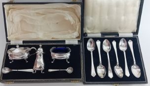 A cased set of six silver teaspoons, together with a cased cruet set comprising mustard pot,