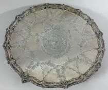 A large George III silver serving tray, of elaborate engraved foliate design and embossed rim, 'J'