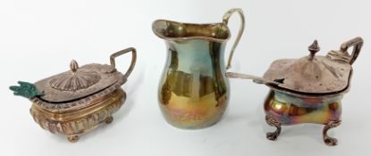 Two early 20th century silver mustard pots, together with a silver milk jug, silver mustard spoon