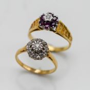 Two 18ct yellow gold dress rings, approx 7.4g.