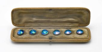 A set of six Newlyn enamel buttons, boxed.