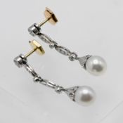 A pair of diamond and pearl drop earrings, set in 18ct gold, approx 6.7g, (pearls untested),