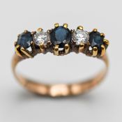 A diamond and sapphire five stone ring, set in gold (not hallmarked), size N/O, approx 2.5g.