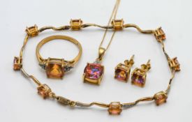 A 9ct gold jewellery set including earrings, bracelet, necklace and ring, total weight approx 9.6g.
