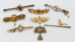 A collection of eight various gold brooches, three 15ct gold approx 10.7g, one 14ct gold approx 2.