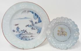Two 18th century tin-glazed earthenware plates of bianco sopra bianco design, to include one of