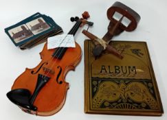 A collection of various items and pictures, to include a violin, stereoscopic viewer and cards, pair