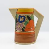 A Clarice Cliff 'Gardenia' pattern angular jug, Fantasque mark to base, height approx 18cm.