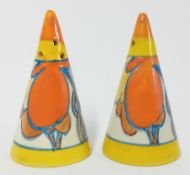 A Clarice Cliff conical salt and pepper shaker, orange trees pattern, Bizarre mark to base, (2)