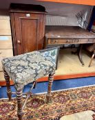 A Victorian mahogany bedside cupboard, a small scale mahogany sofa table, a three tier walnut stand,