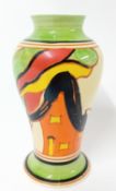 A Clarice Cliff 'Orange House' pattern shape 14 vase, Fantasque mark to base, height approx 15.5cm.