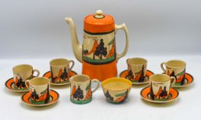 A Clarice Cliff 'Red Trees and House' pattern complete coffee service, to include coffee pot, milk