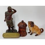 A porcelain bulldog, together with wooden figure, treen box and engraved brass pencil box. (4)
