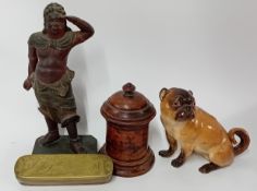 A porcelain bulldog, together with wooden figure, treen box and engraved brass pencil box. (4)