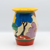A Clarice Cliff 'Blue Autumn' pattern vase in 'Tolphin' shape, Fantasque mark to base, height approx