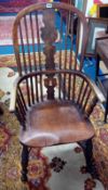 An antique Windsor high back chair, an open mahogany framed elbow chair and a Georgian oak side