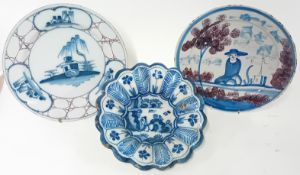 Three pieces of 18th century English Delftware, to include a dinner plate, another plate decorated