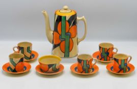 A Clarice Cliff 'Picasso Flower' pattern coffee service, to include coffee pot, sugar bowl, six