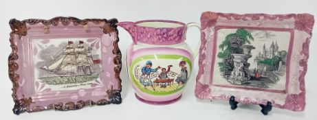 Two 19th century Sunderland lustre pink glaze pictorial rectangular plates, together with a pink