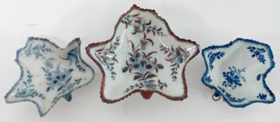 Three 18th century porcelain pickle dishes, possibly First Period Worcester, in the form of Sycamore