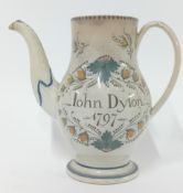 An 18th century English earthenware coffee pot (missing lid), painted foliate design and