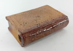 An early 19th century novelty salt glazed Reform spirit flask modelled as a book, approx 13cm x