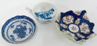An 18th century sweetmeat dish of leaf form, possibly First Period Worcester, floral motifs on