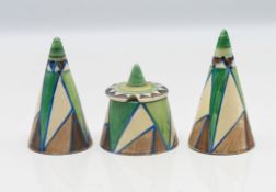 A Clarice Cliff 'Killarney' pattern preserve pot and two sugar casters. (3)